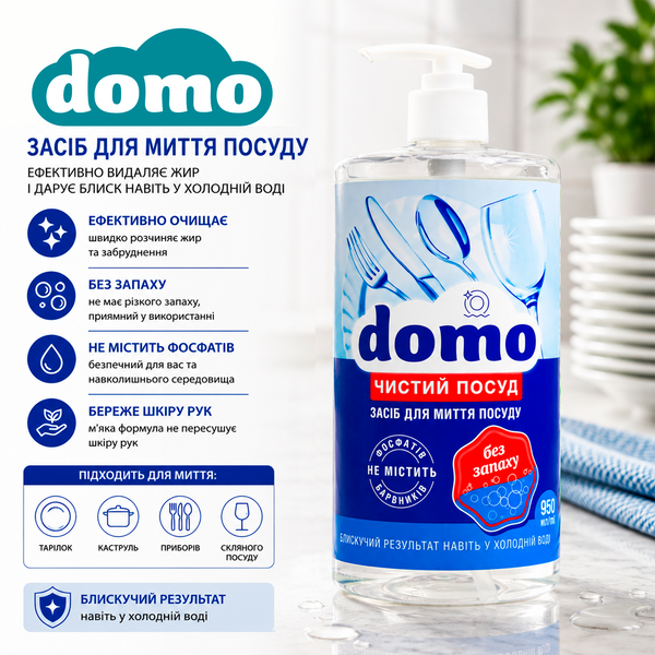 Засiб для миття посуду Domo БЕЗФОСФАТНЕ без Аромату ПОМПА 950 мл XD 31203 фото, купити