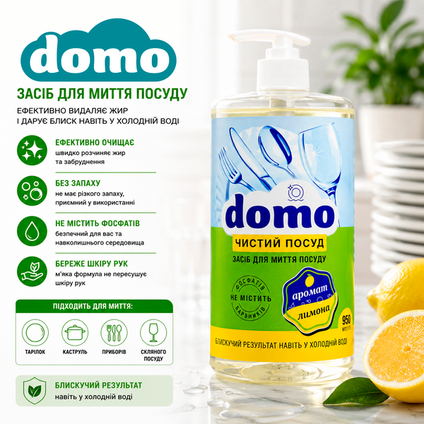 Засiб для миття посуду Domo БЕЗФОСФАТНЕ ЛИМОН ПОМПА 950мл XD 33203 фото, купити
