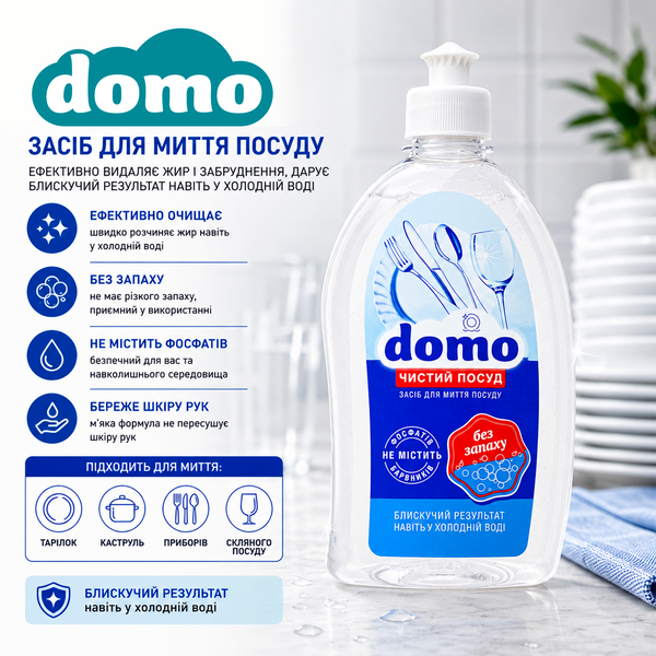 Засiб для миття посуду Domo БЕЗФОСФАТНЕ без Аромату 500 мл XD 31003_1 фото, купити