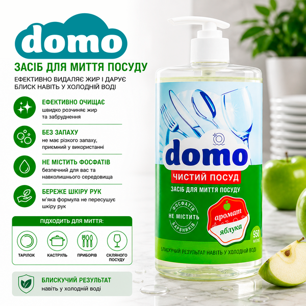 Засіб для миття посуду Domo Яблуко Безфосфатний 950 мл XD 34203 фото, купити